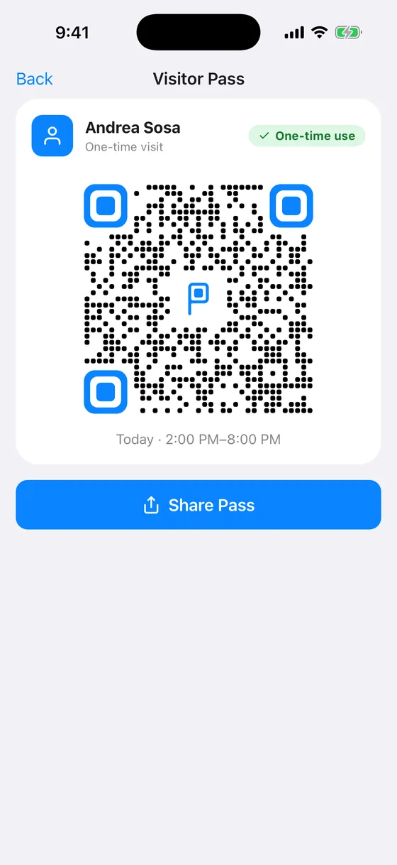 A visitor pass in the Posta app, with its QR code and the hours it is valid.