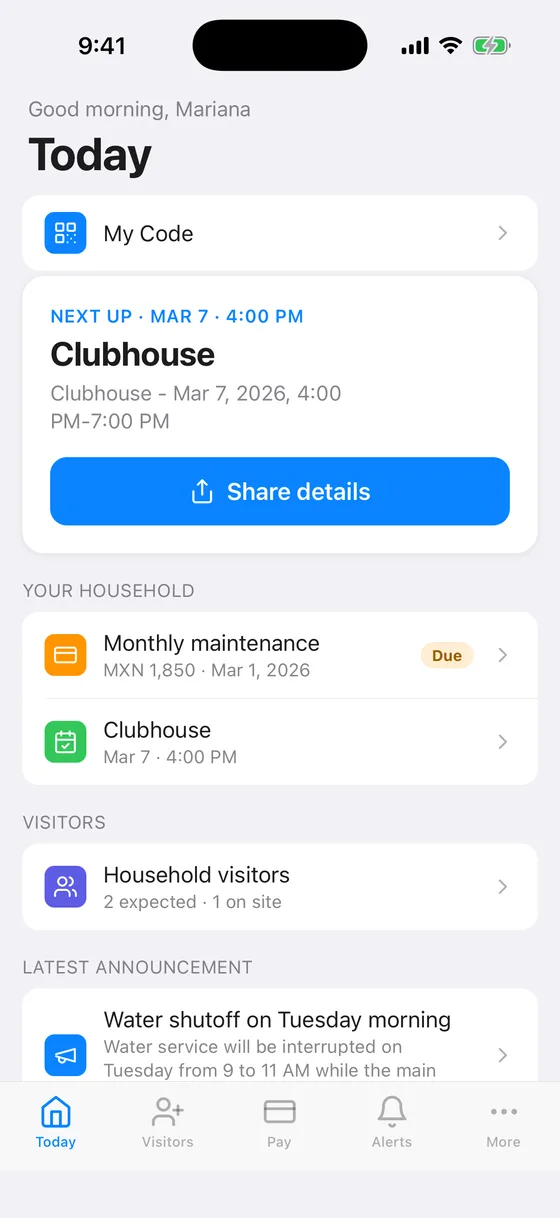 A resident's home screen in the Posta app, with the next amenity reservation, the dues that are due, and how many visitors are expected today.
