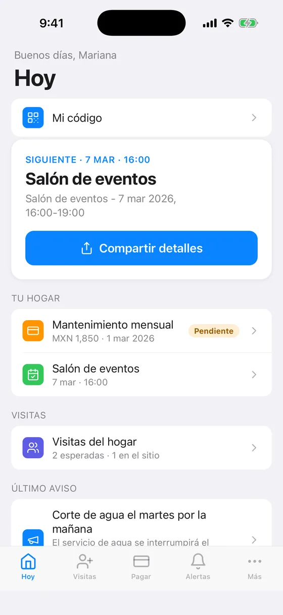 La pantalla de inicio de un residente en la aplicación Posta, con la próxima reservación de un área común, la cuota pendiente y cuántas visitas se esperan hoy.